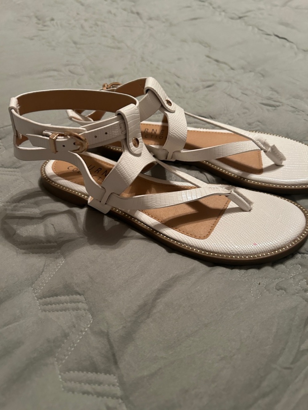 Journee Collection White Textured Ankle-Strap Toe-Post Sandals